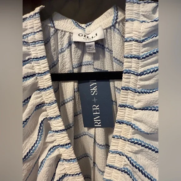 💧H064 NWT Gilli L pp 16 unstretched Blue striped stretch waist big sleeve Dress - Picture 4 of 12